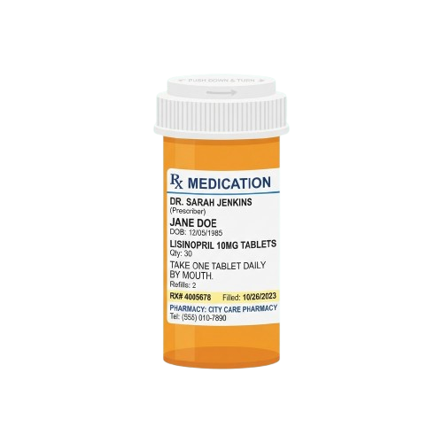 Orange prescription bottle labeled with Lisinopril 10mg tablets instructions and patient details