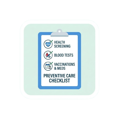 Clipboard with preventive care checklist including health screening, blood tests, and vaccinations