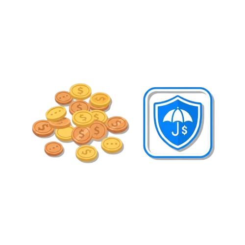 Pile of gold coins next to a shield with a dollar sign and umbrella symbolizing financial protection and investment