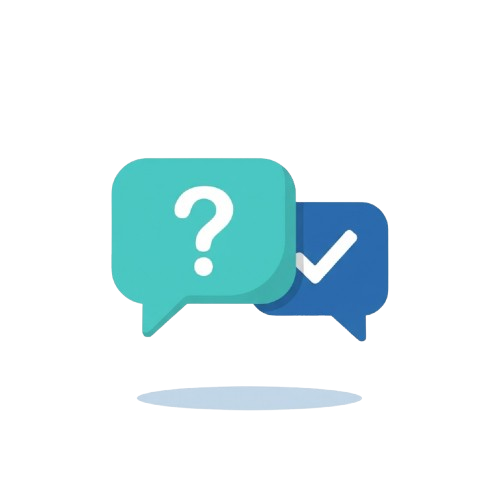 Two speech bubbles side by side: one with a question mark, the other with a checkmark.