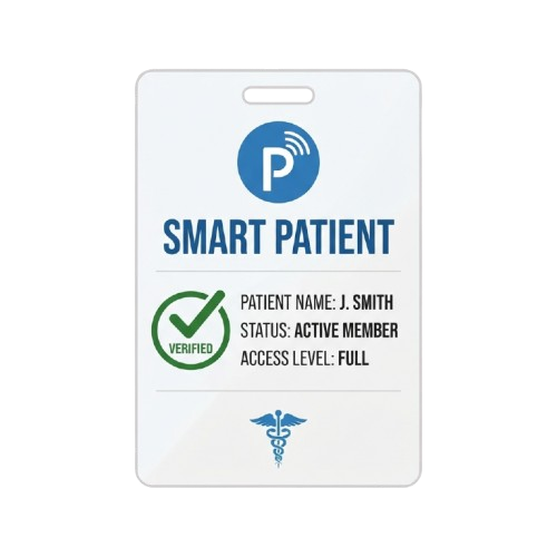A smart patient identification card displaying verified status, patient name, and full access level with a medical symbol and wireless icon.