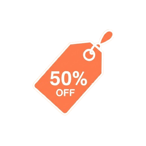 Orange sale tag with fifty percent off text and a circular loop at the top