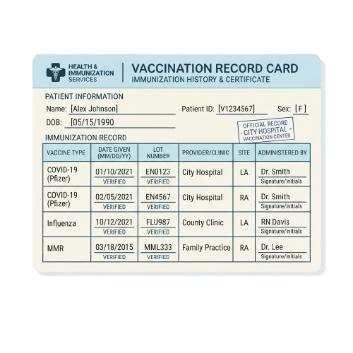 Vaccination record card showing patient details, immunization types, dates, and providers
