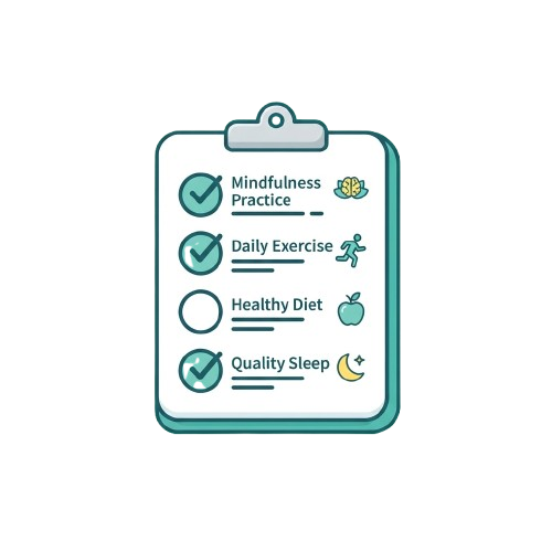 Clipboard with checklist items for mindfulness practice, daily exercise, healthy diet, and quality sleep