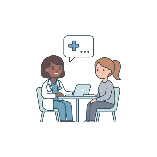 Illustration of a doctor and patient having a telehealth consultation with a laptop and speech bubble icon