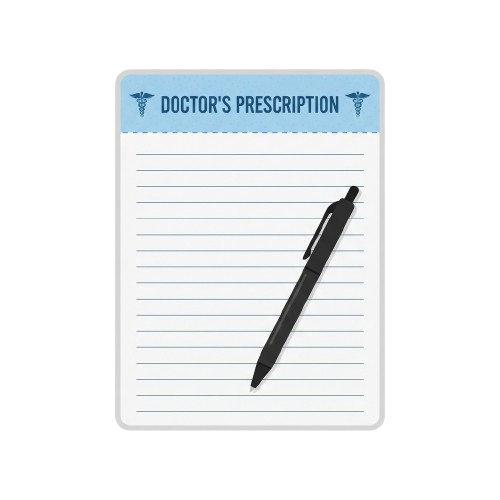 Illustration of a doctor's prescription pad with a pen resting on it and a medical caduceus symbol in the header