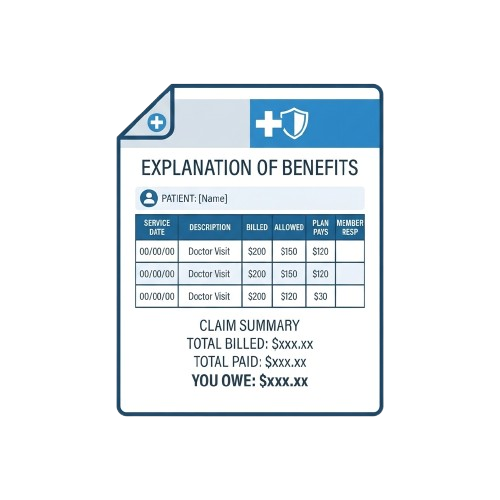 Medical benefits explanation document showing doctor visit charges, allowed amounts, plan pays, and member responsibility.