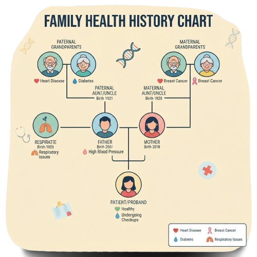 Family health history chart showing medical conditions like heart disease, diabetes, cancer, and respiratory issues across generations