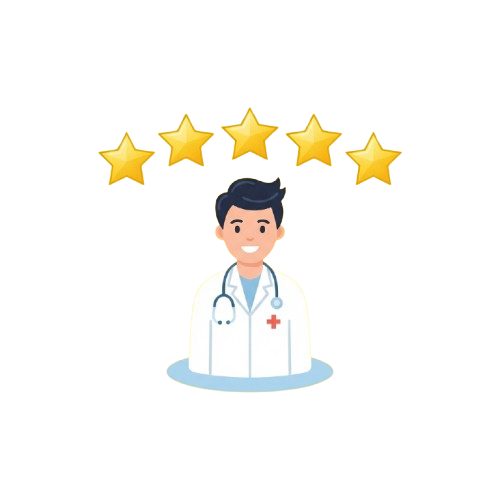 Smiling doctor in white coat with stethoscope and five yellow stars above head