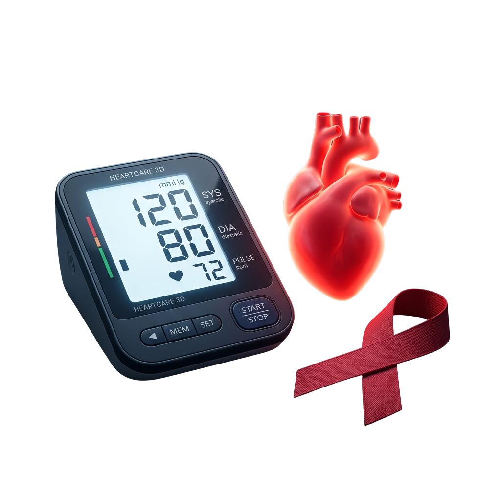 Blood pressure monitor showing 120 over 80 with pulse 72, heart model, and red awareness ribbon