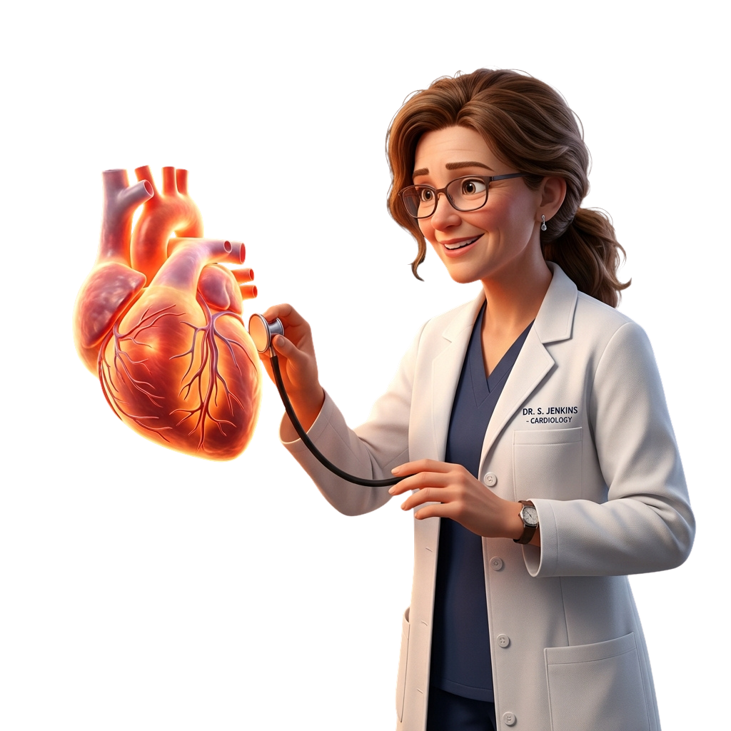 A smiling doctor in a white lab coat holding a detailed human heart model.