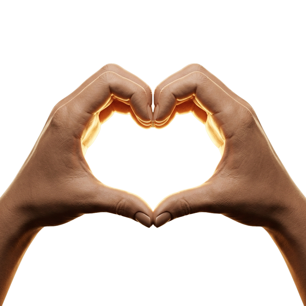Two hands forming a heart shape with fingertips glowing warmly against a dark background