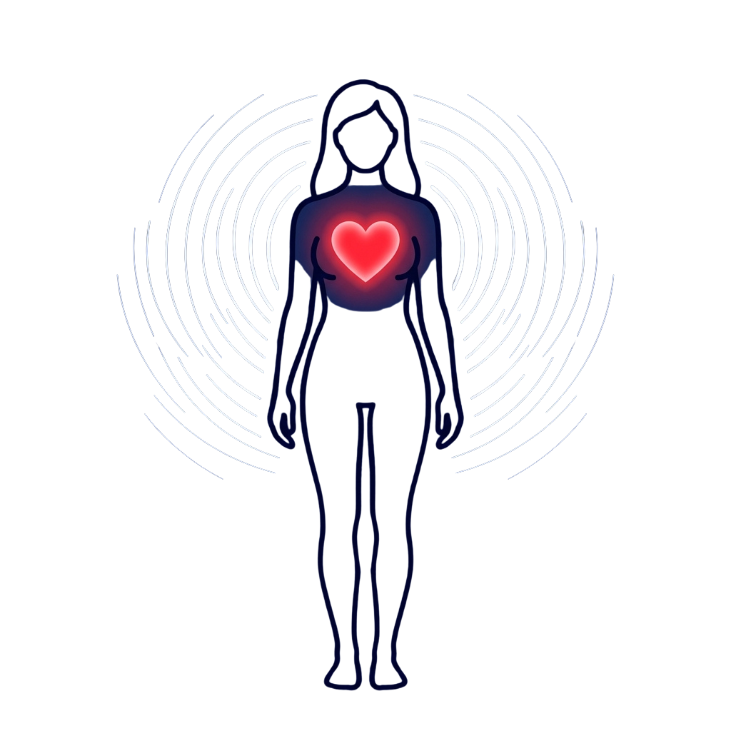 Silhouette of a person with a glowing red heart emitting concentric waves of energy