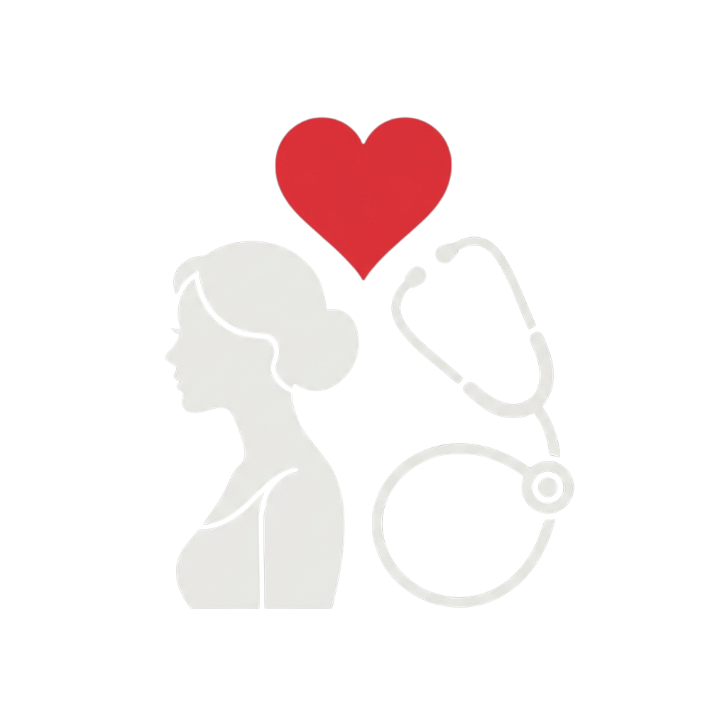 Silhouette of a healthcare professional holding a stethoscope with a red heart symbol above their head