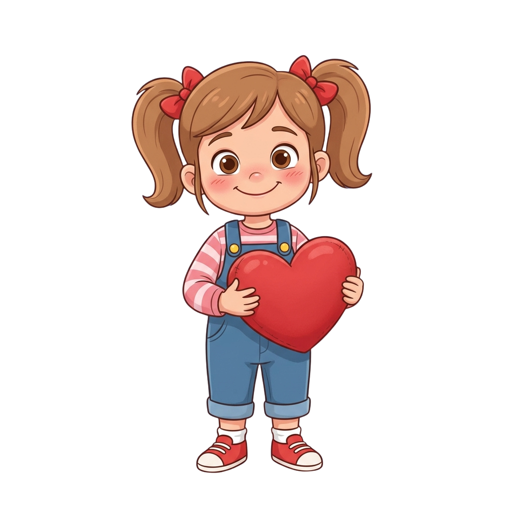 A smiling young girl with pigties holding a large red heart.