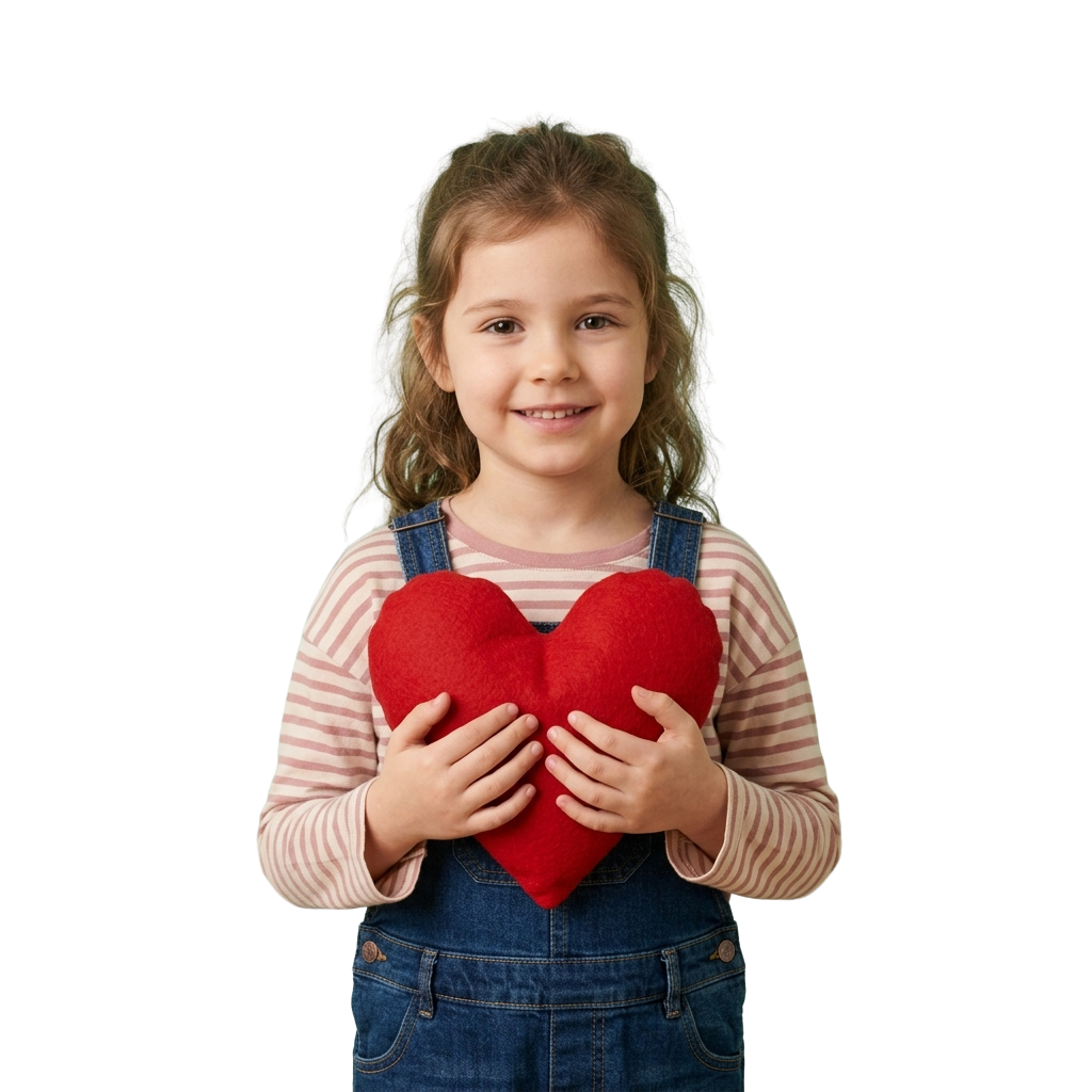 Smiling young girl holding a red heart cutout in front of her chest