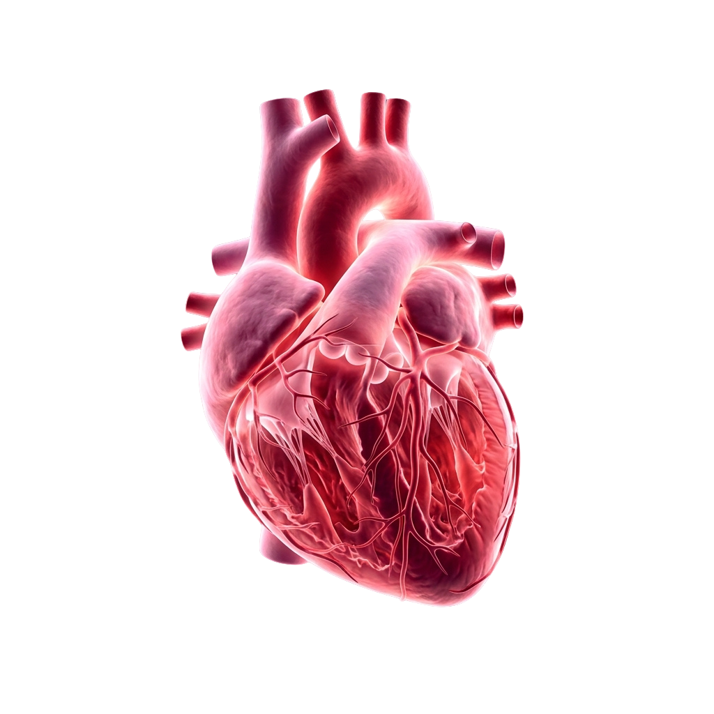 A detailed 3D illustration of a human heart showing its chambers and blood vessels