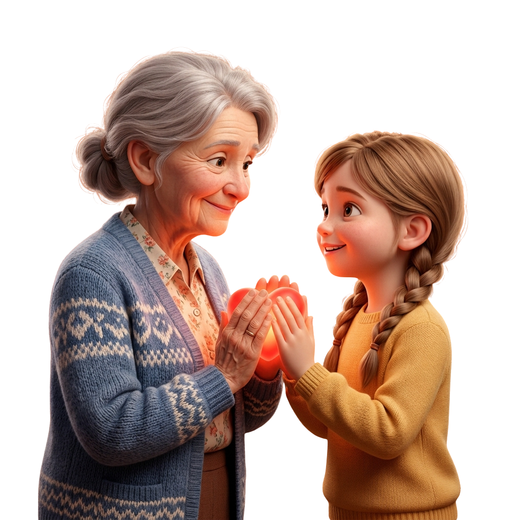 A smiling elderly woman and a young girl holding a glowing heart together.