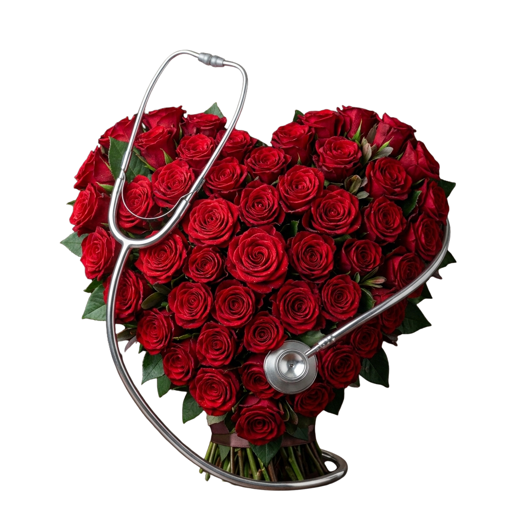A heart-shaped arrangement of red roses with a stethoscope draped over it