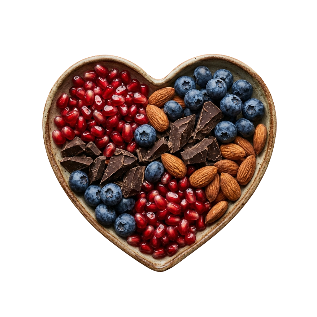 Heart-shaped wooden bowl filled with pomegranate seeds, blueberries, almonds, and chocolate pieces