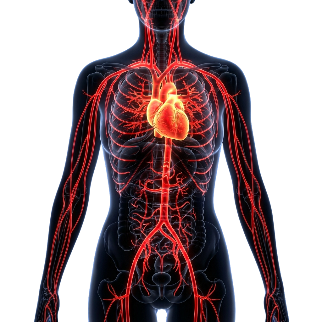 Illustration of the human circulatory system highlighting arteries and the heart