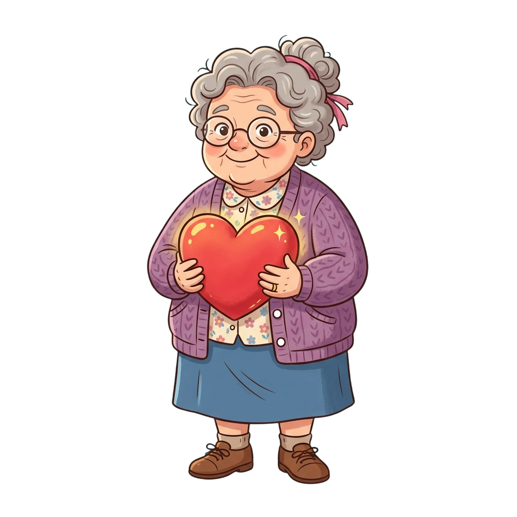 Smiling elderly woman with glasses and gray hair holding a red heart with sparkles