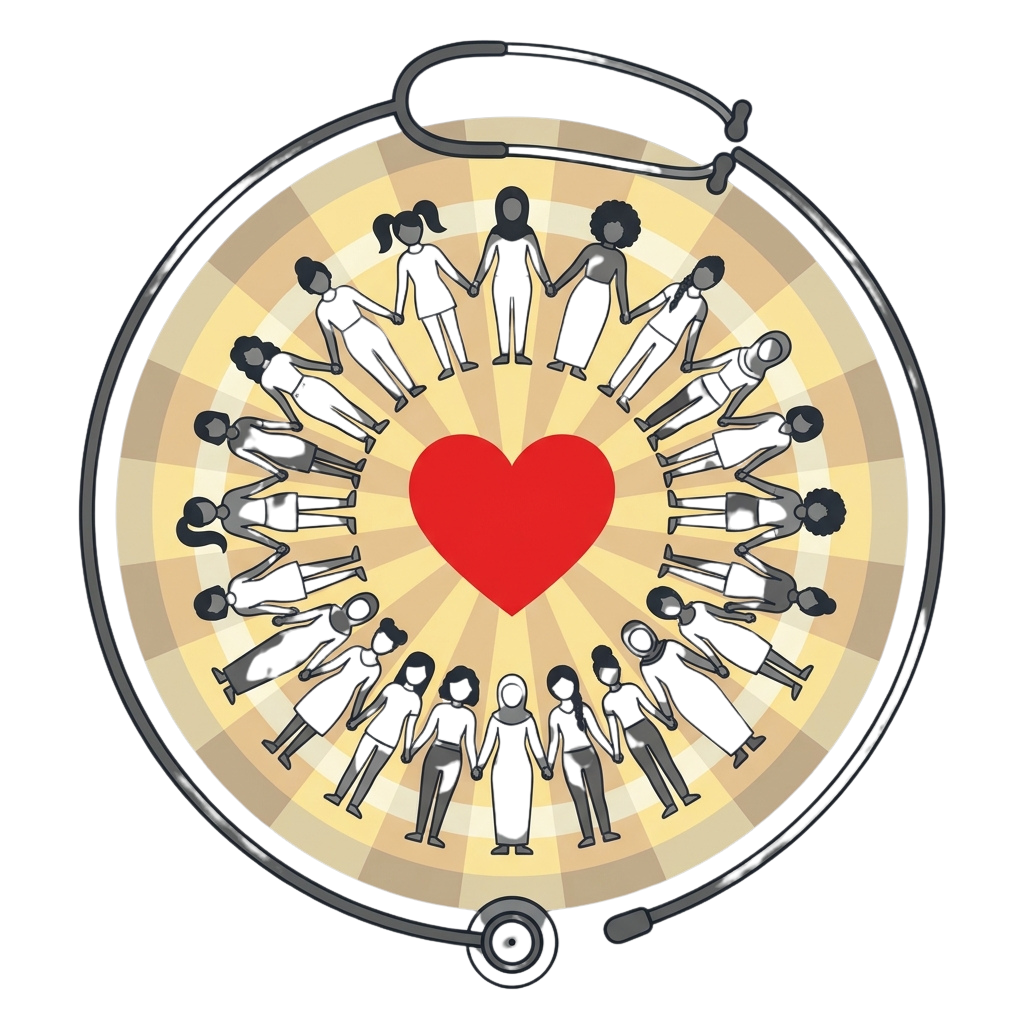 A circle of diverse silhouetted figures holding hands around a red heart symbolizing unity and community support