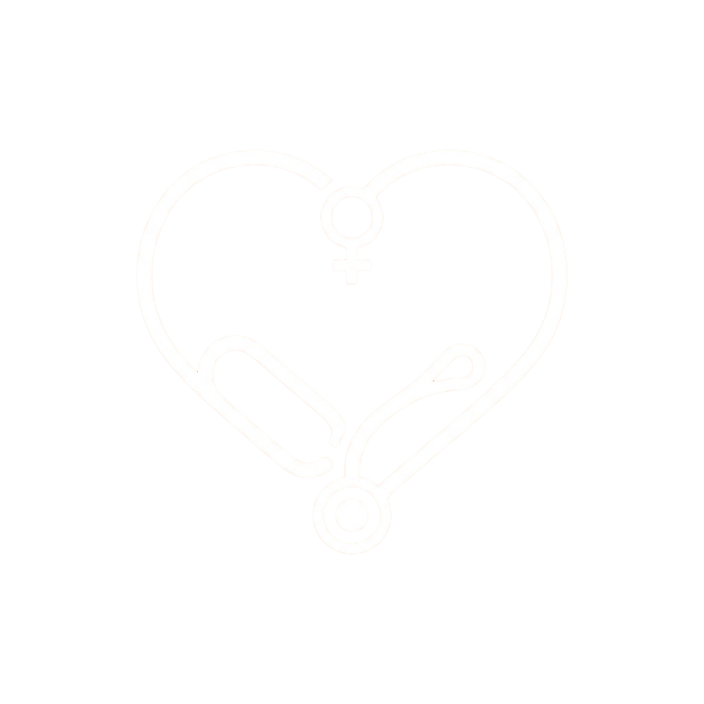 White outline icon of a heart with a female gender symbol and stethoscope