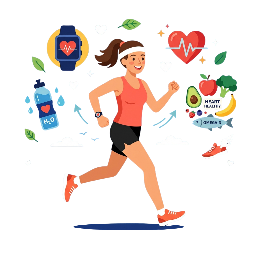 Illustration of a woman running with heart icons, water bottle, healthy food, and fitness accessories around her