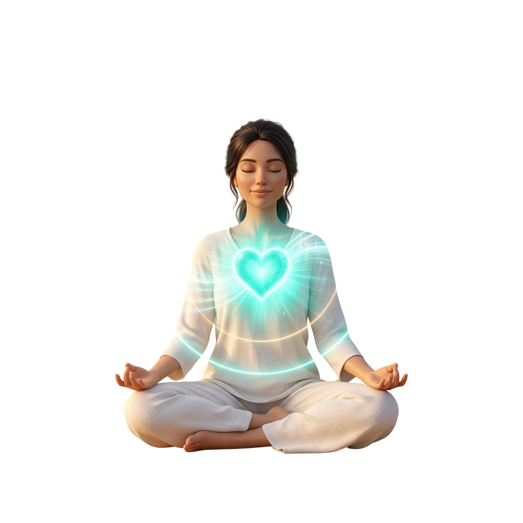 A person meditating in a cross-legged position with glowing heart energy radiating from their chest.