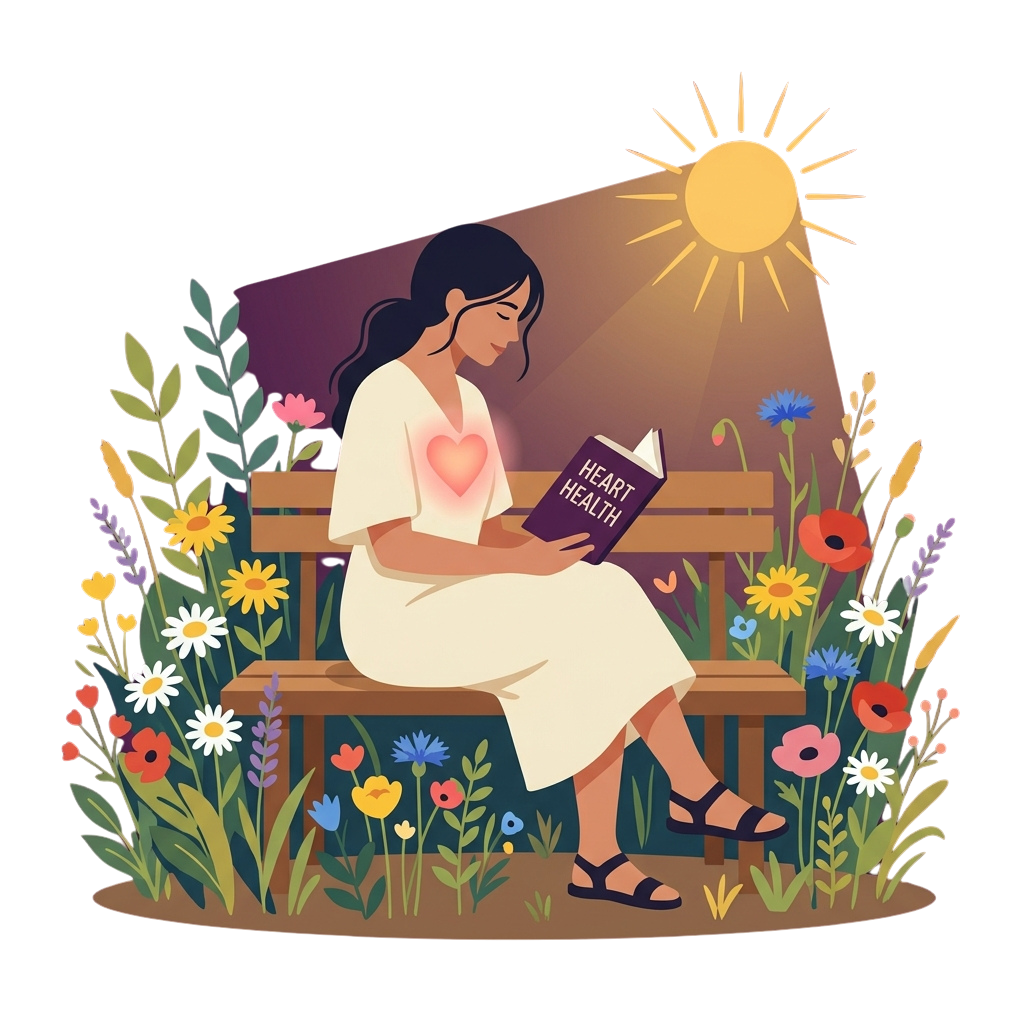 A woman sitting on a bench reading a book titled Heart Health in a garden with flowers and sunlight.