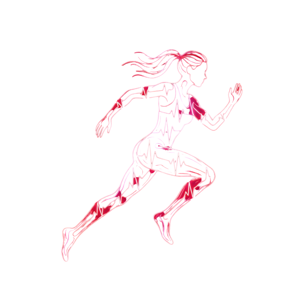 A stylized illustration of a woman running with flowing hair and muscular outline in pink and white against a black background