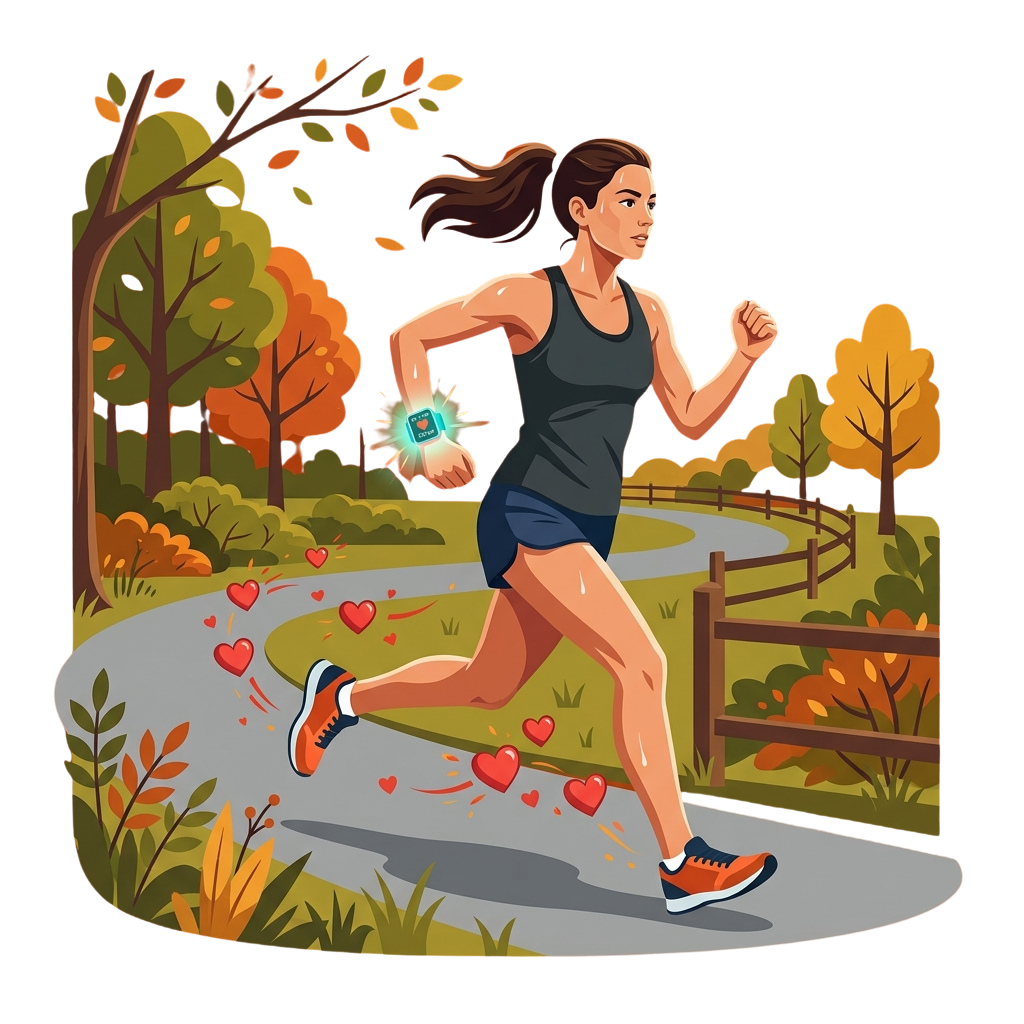 A woman running on a paved path surrounded by autumn foliage, wearing a fitness tracker on her wrist.