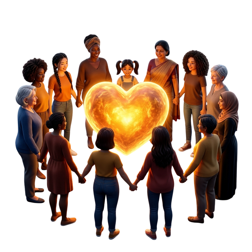 A diverse group of people holding hands around a glowing heart symbolizing unity and love.