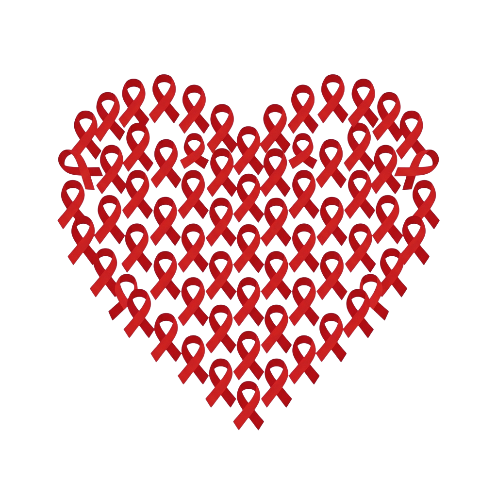 Heart shape composed of many red ribbon symbols on black background