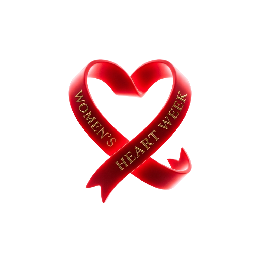 Red heart-shaped ribbon with Womens Heart Week text in gold