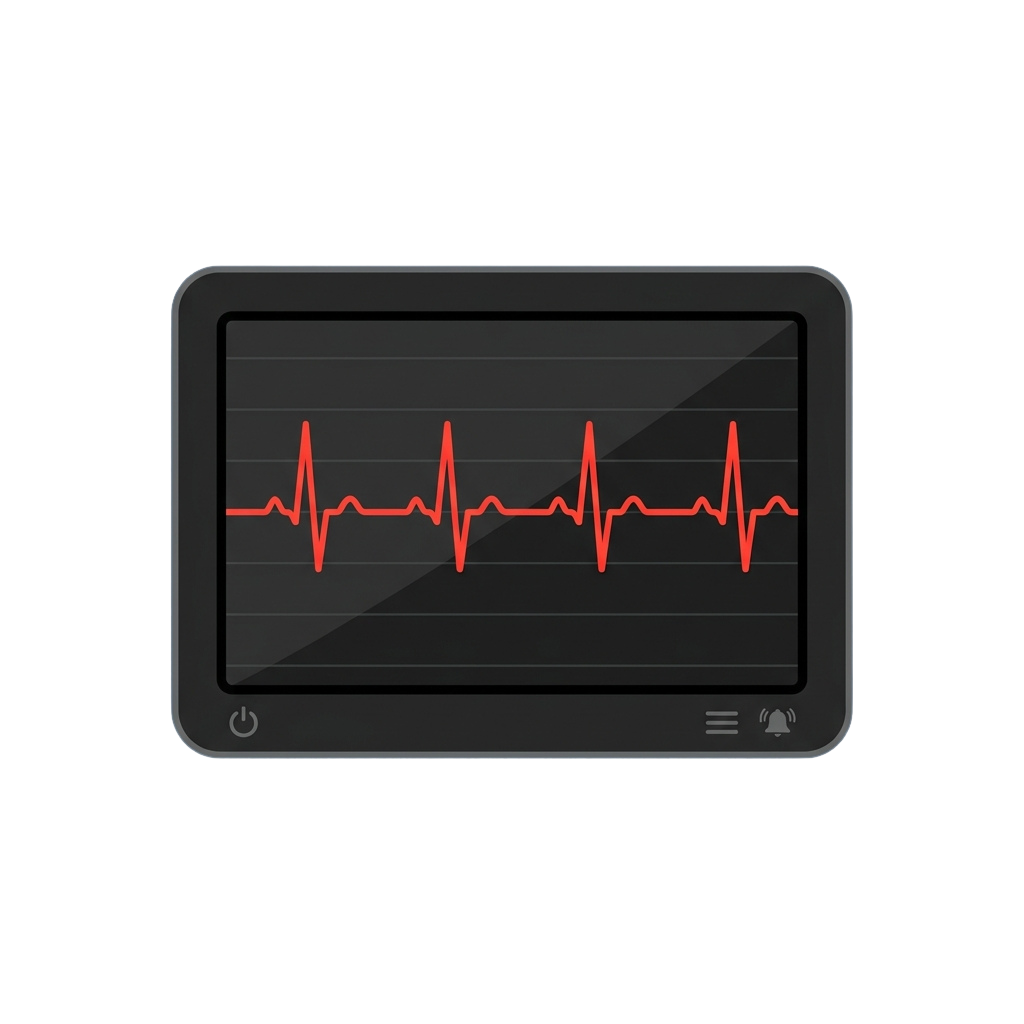 A tablet screen displaying a red heartbeat line graph with consistent peaks and valleys