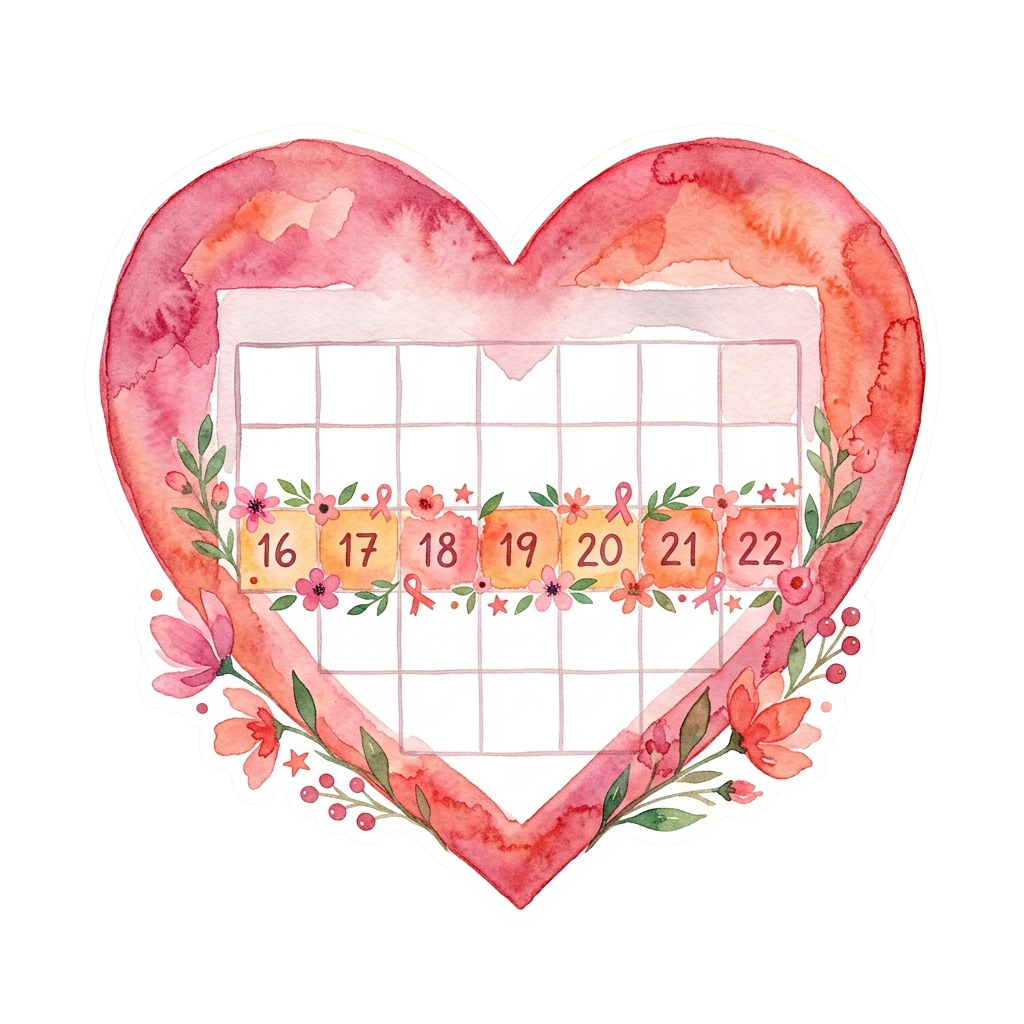 Watercolor heart calendar displaying dates 16 to 22 with floral decorations around the border