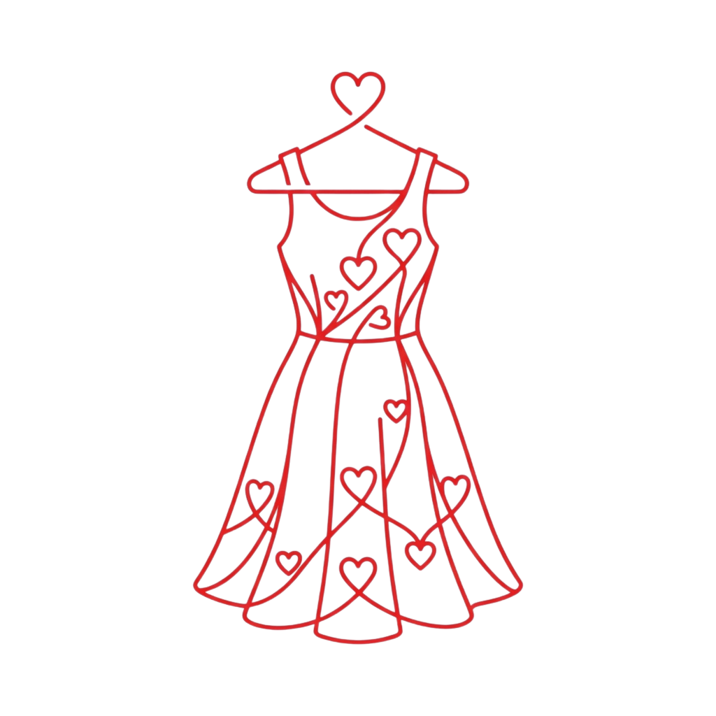 A red line drawing of a dress with hearts on it hanging on a hanger