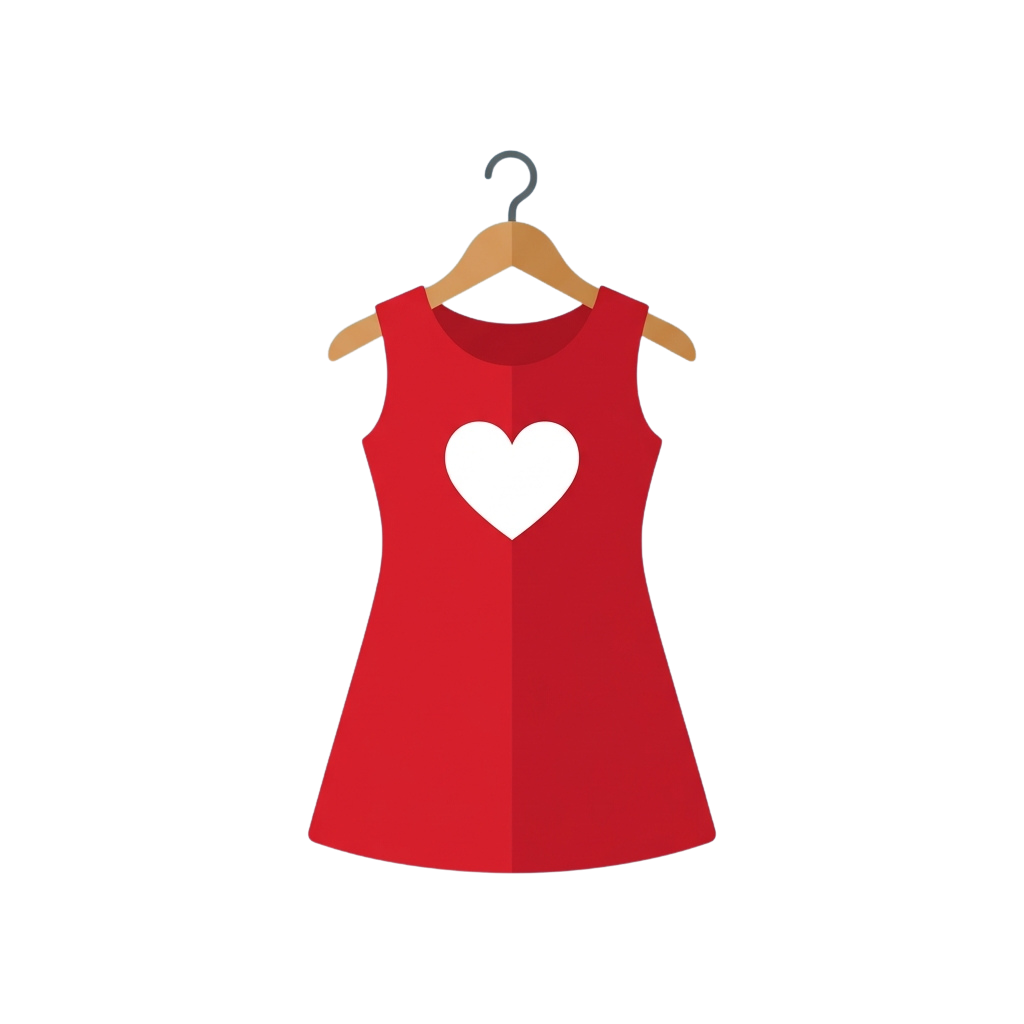 A red sleeveless dress with a large white heart symbol on the chest, hanging on a wooden hanger
