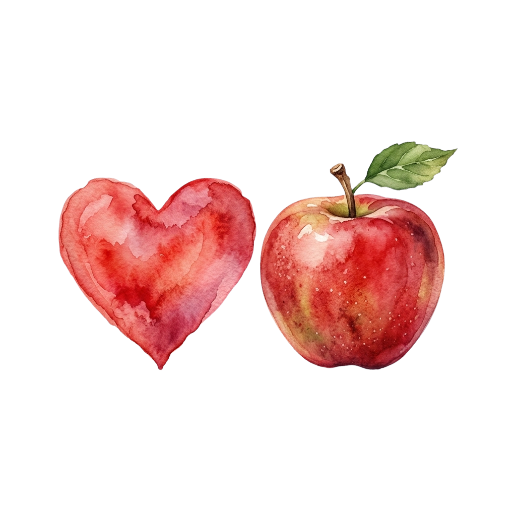A watercolor heart and apple with green leaf on black background