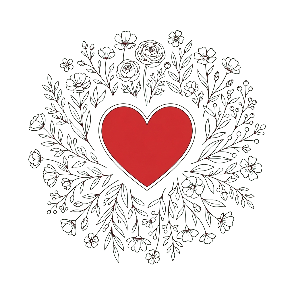 A red heart surrounded by intricate white floral vines and leaves on a black background