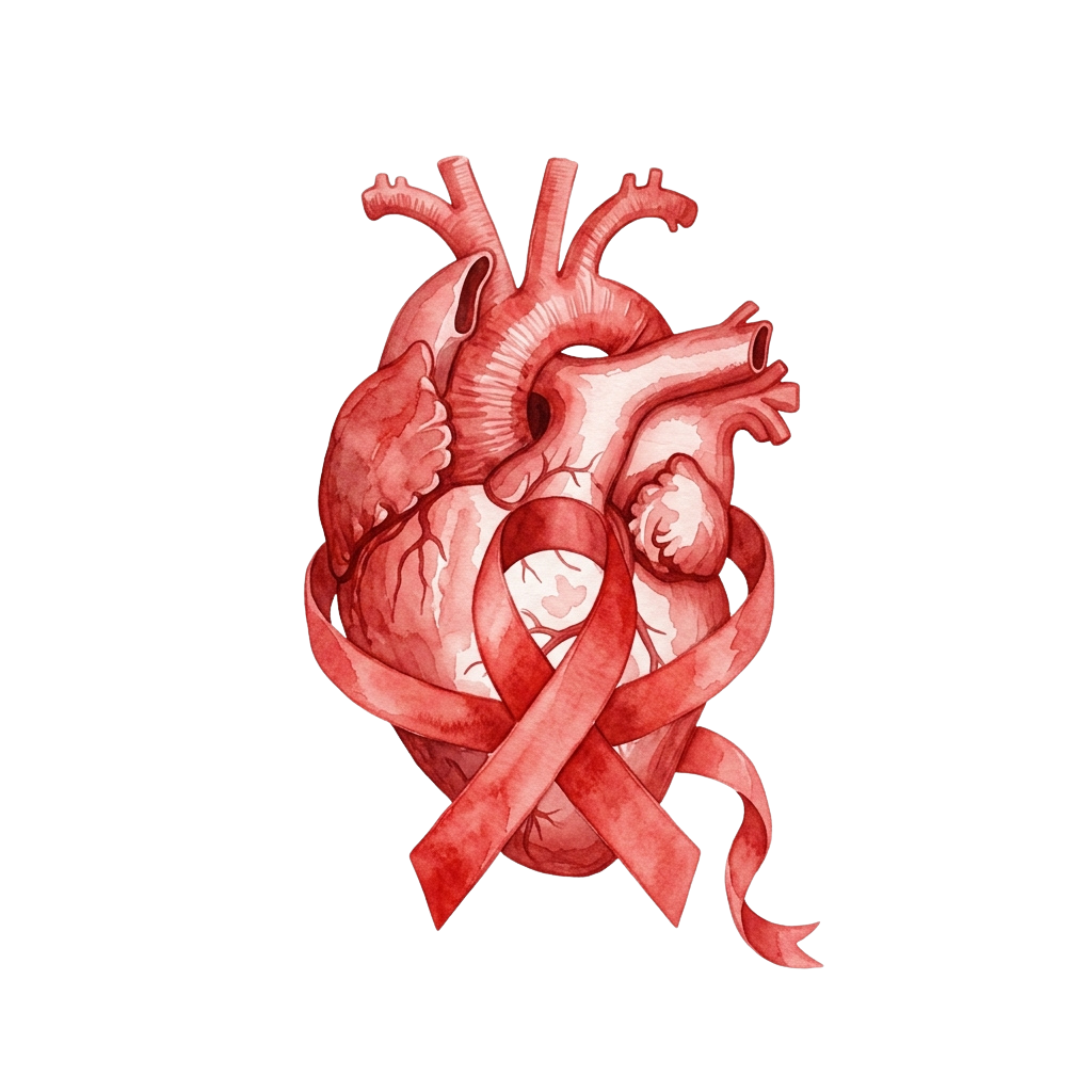 Illustration of a human heart showing its chambers and major blood vessels including aorta and pulmonary arteries