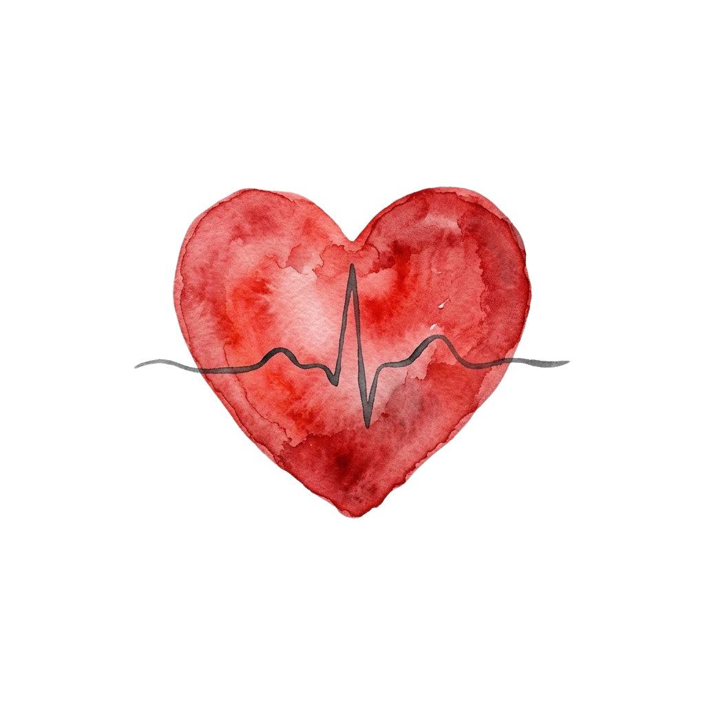 A red watercolor heart with a black heartbeat ECG line through the center