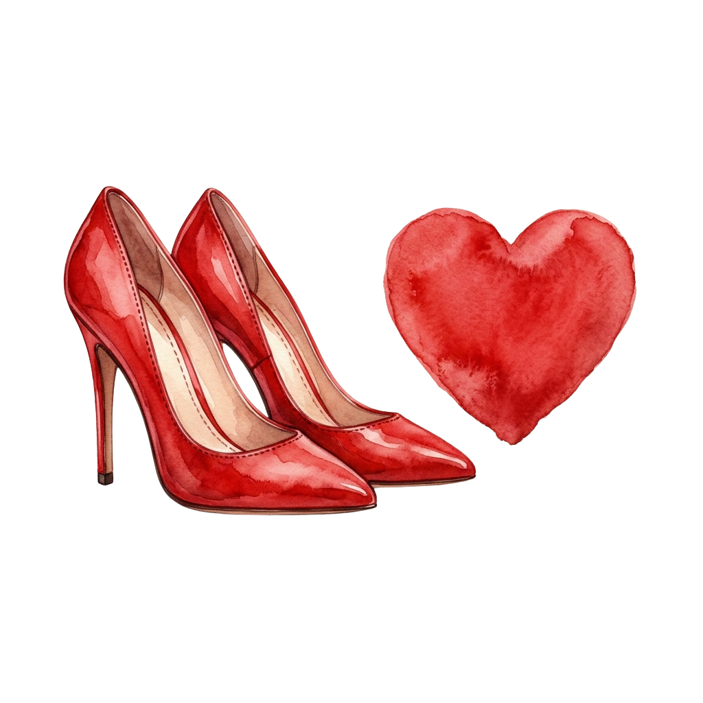 A pair of red high-heeled shoes and a red heart shape on a black background