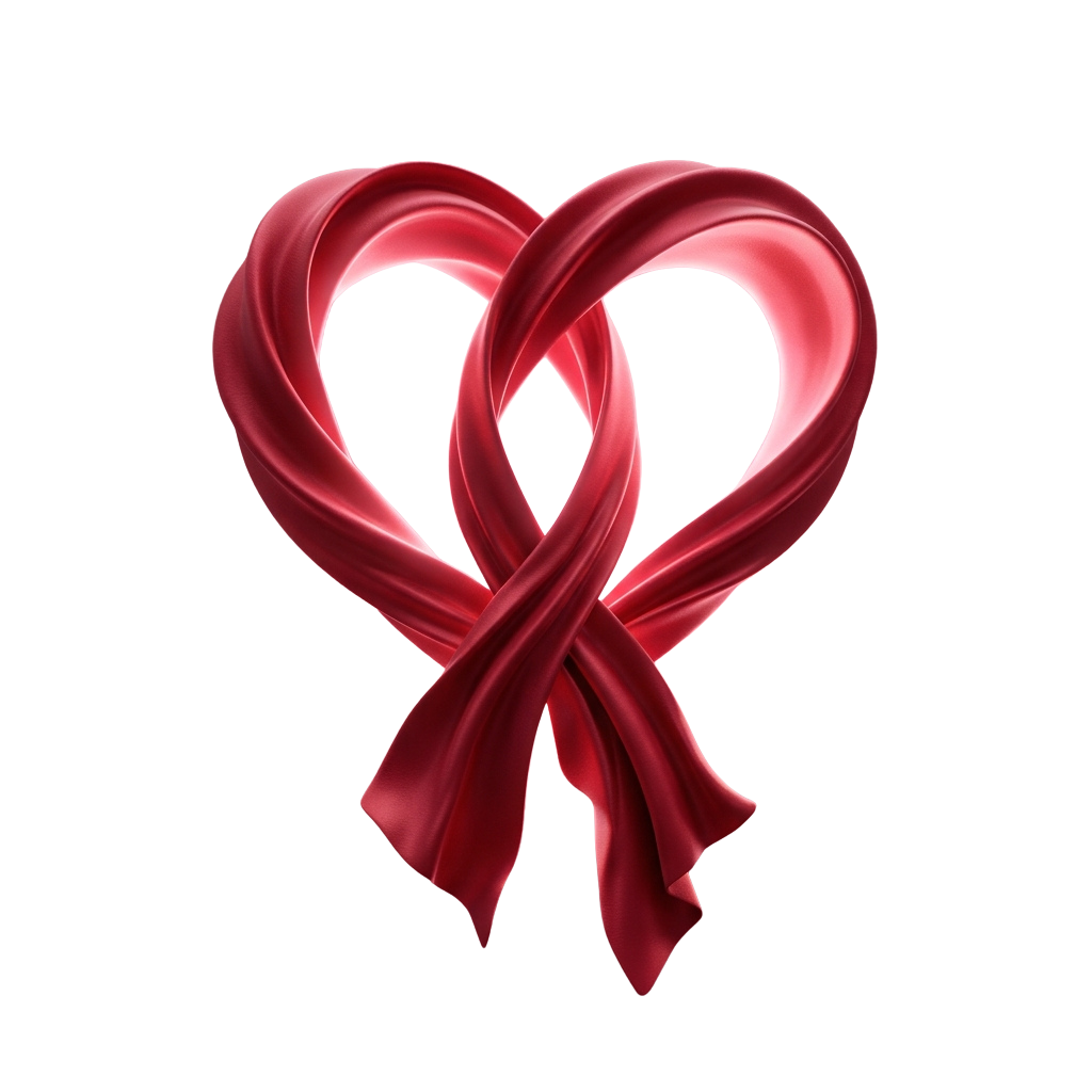 Two intertwined red ribbons forming a heart shape against a black background