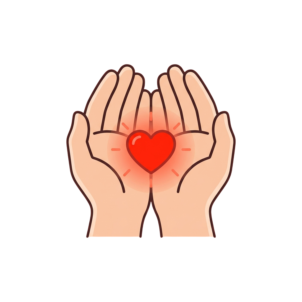Two hands forming a heart shape with a glowing red heart in the center