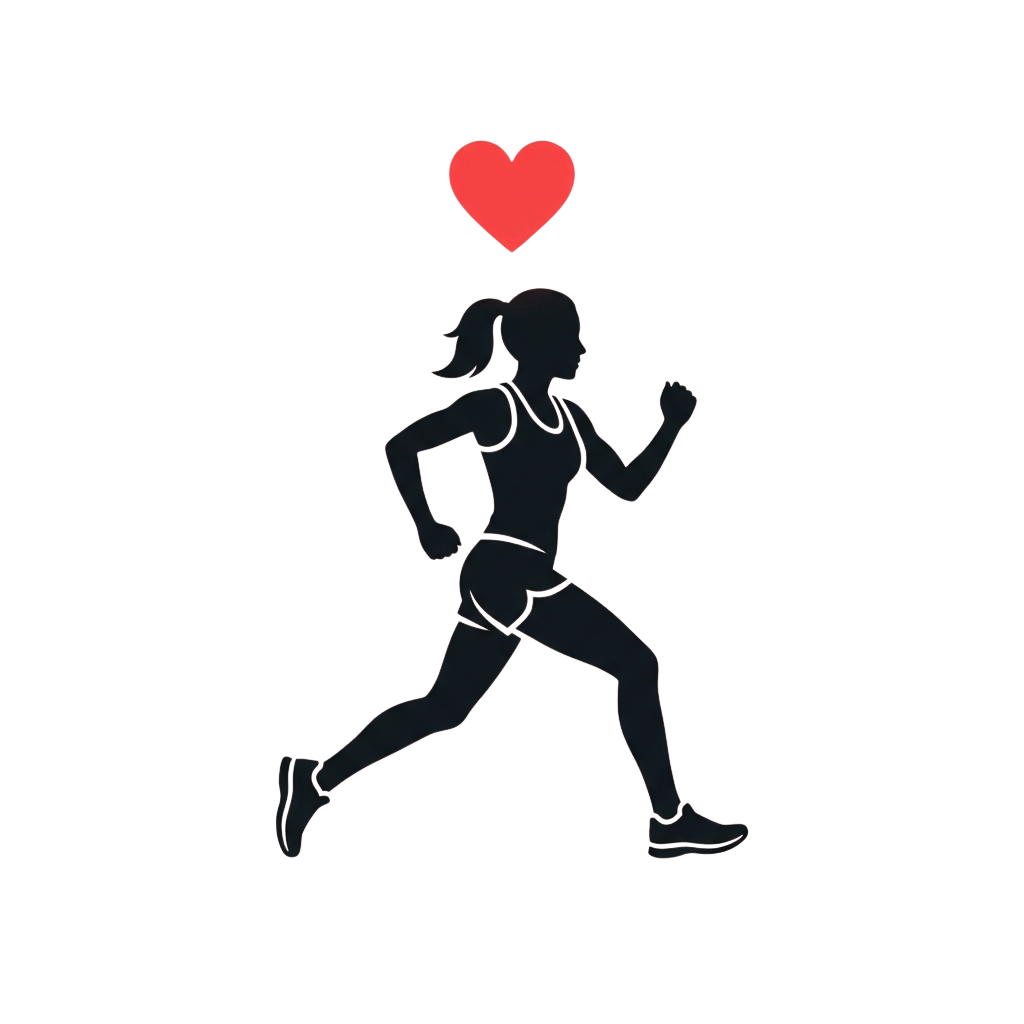Two people running silhouetted against a dark background with a red heart above them