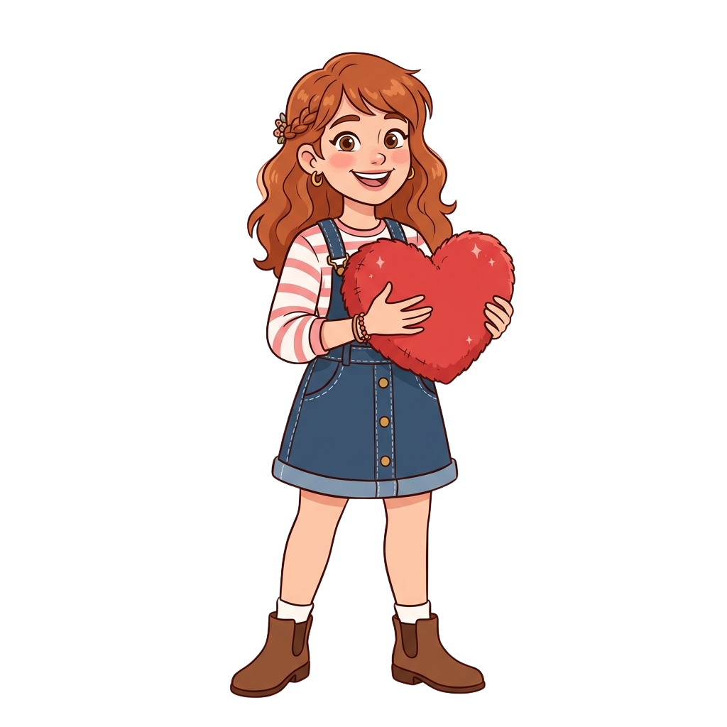 A smiling cartoon girl with red hair wearing overalls and holding a red heart-shaped stuffed toy