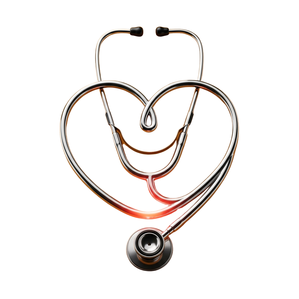 A stethoscope arranged in a heart shape against a black background